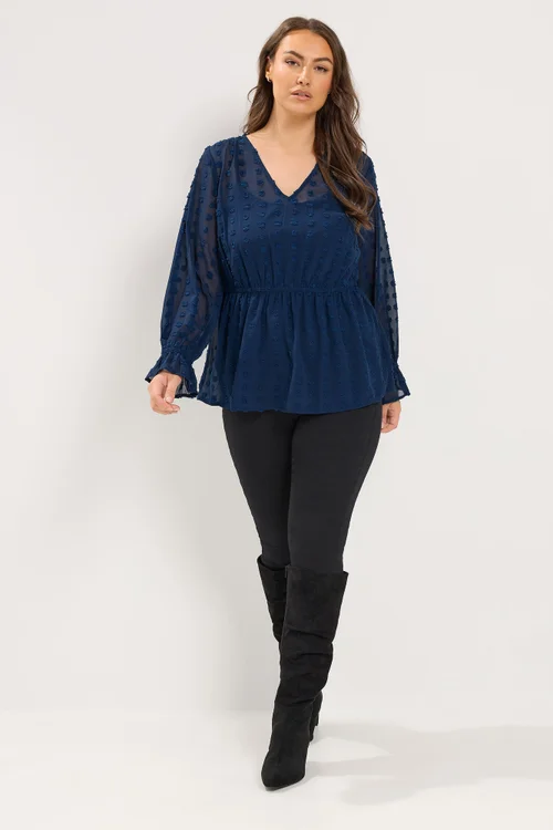 Yours Curve Navy Blue Dobby Blouse - 14 Image 2