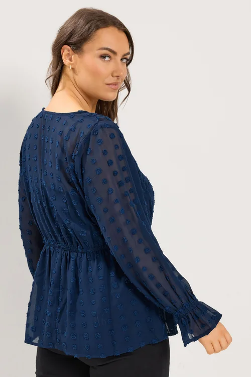 Yours Curve Navy Blue Dobby Blouse - 14 Image 3