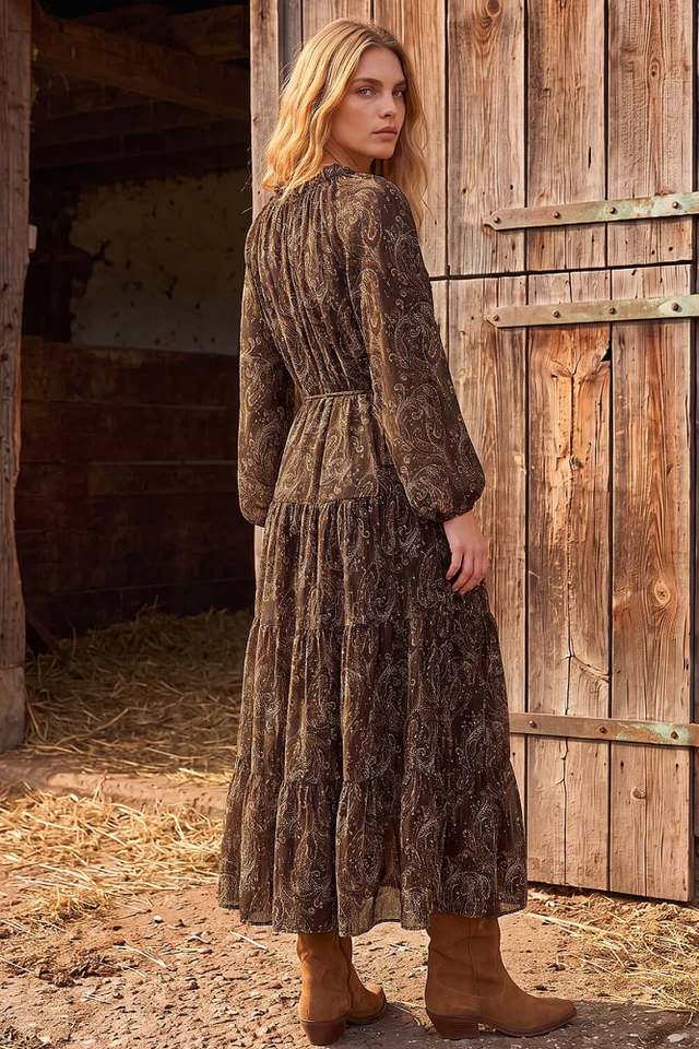 Roman Tan Paisley Keyhole Midi Dress