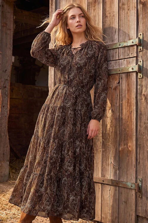 Roman Tan Paisley Keyhole Midi Dress - 10 Image 1