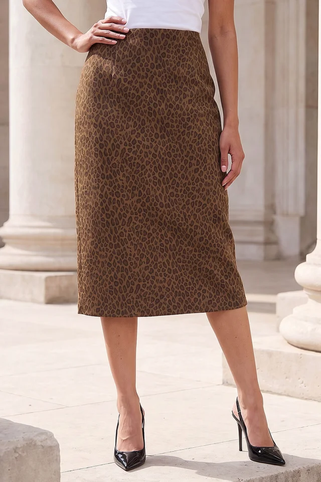 Roman Brown Faux Suede Animal Printed Pencil Skirt