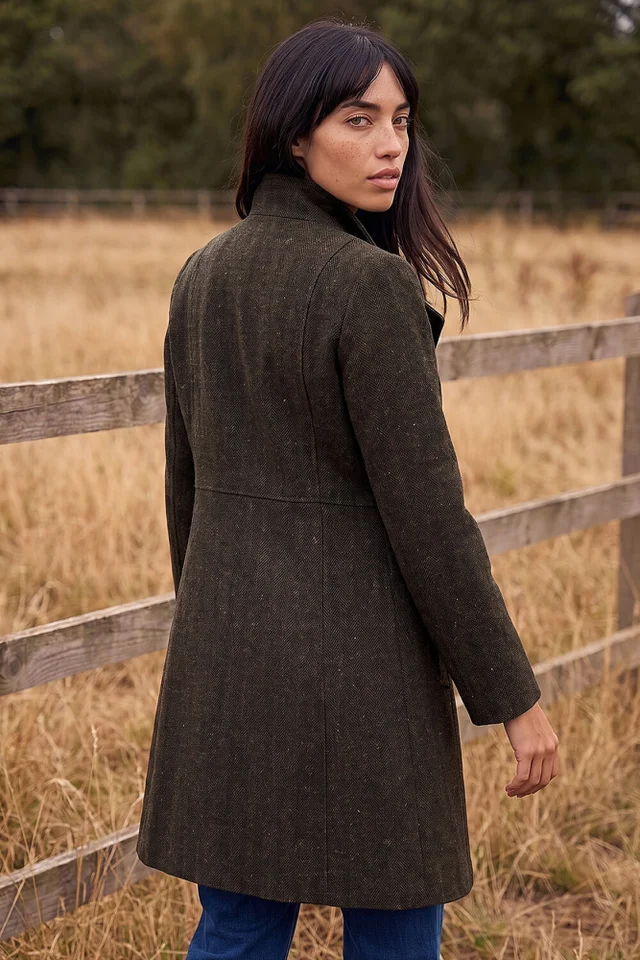 Roman Chocolate Petite Funnel Neck Herringbone Coat