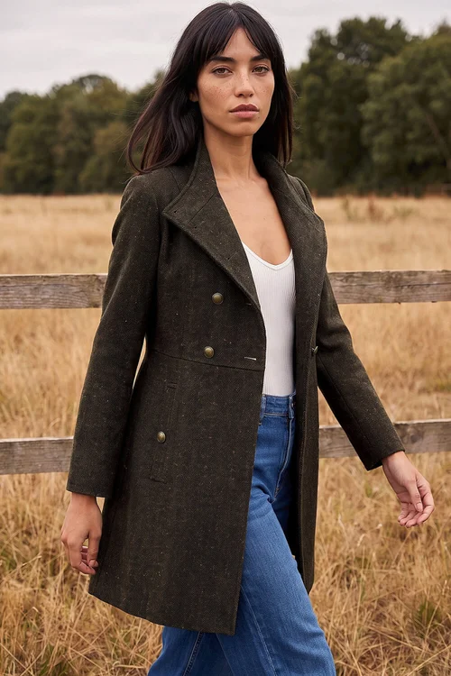 Roman Chocolate Petite Funnel Neck Herringbone Coat - 18 Image 1