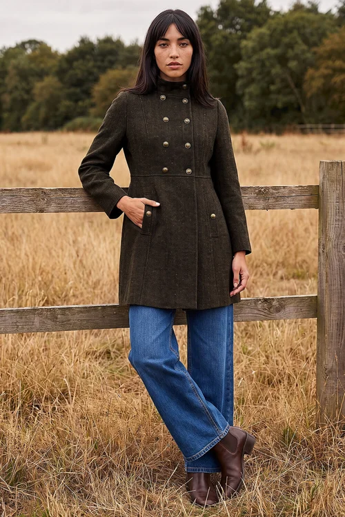 Roman Chocolate Petite Funnel Neck Herringbone Coat - 18 Image 3
