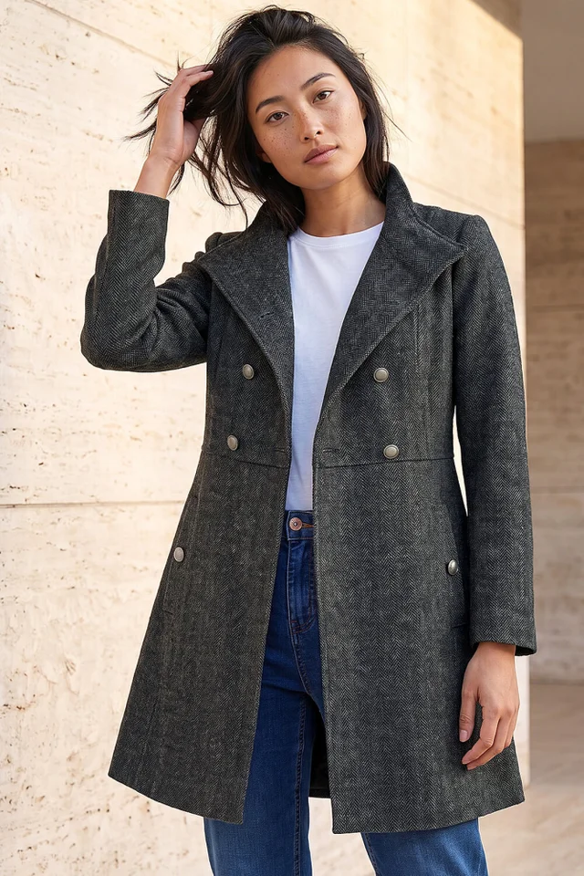 Roman Grey Petite Funnel Neck Herringbone Coat