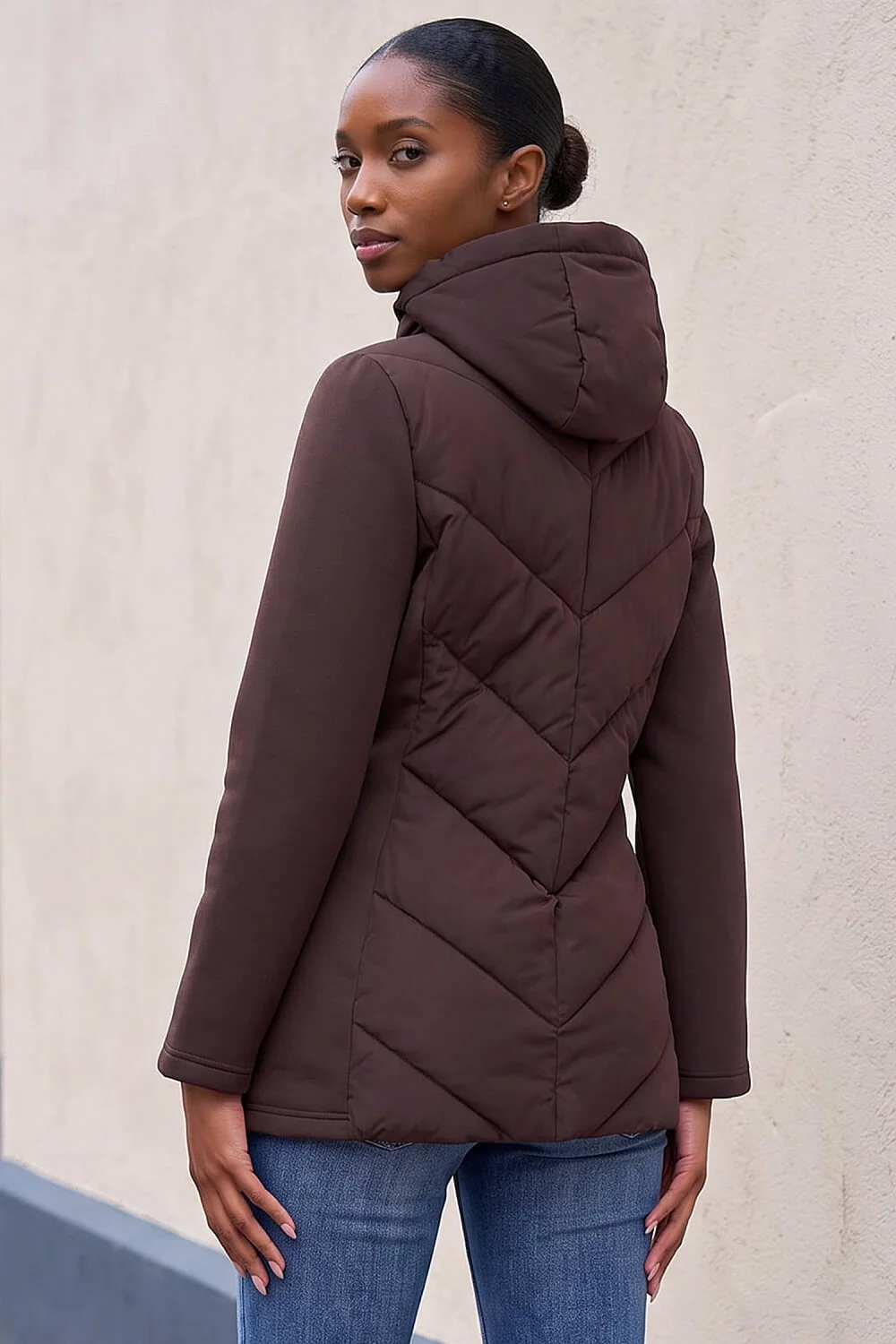 Roman Chocolate Petite Hooded Chevron Padded Coat - 10 Image 4