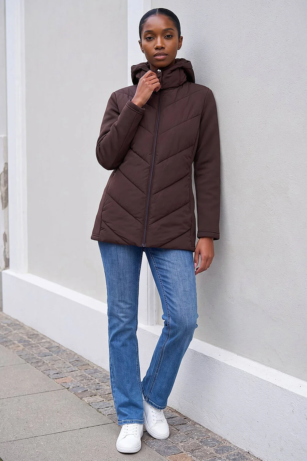 Roman Chocolate Petite Hooded Chevron Padded Coat - 10 Image 2