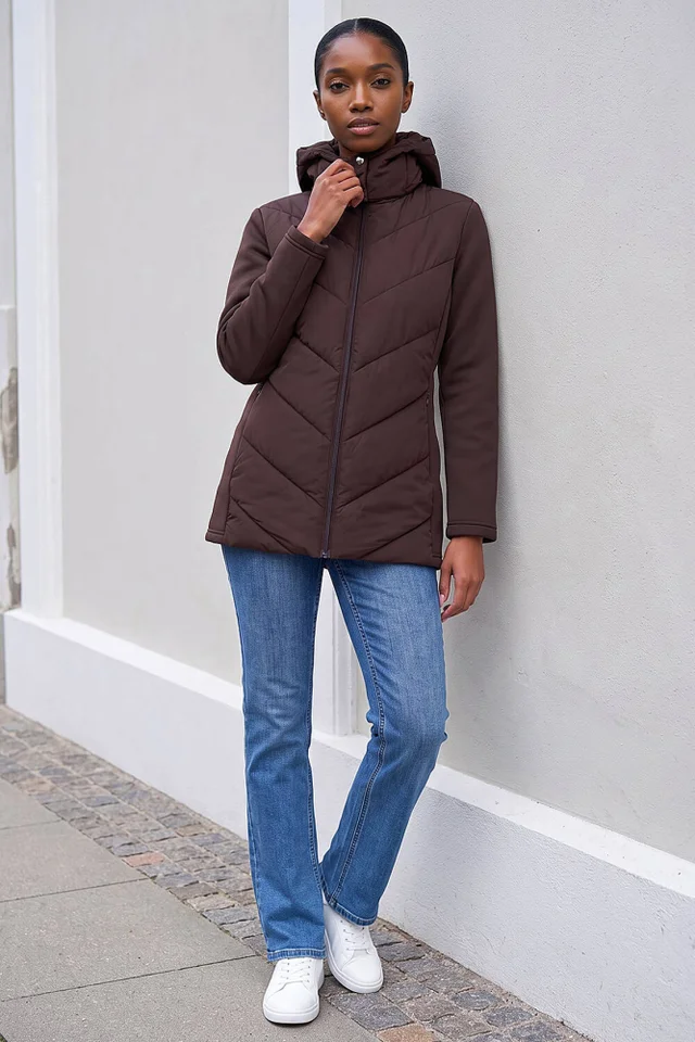 Roman Chocolate Petite Hooded Chevron Padded Coat