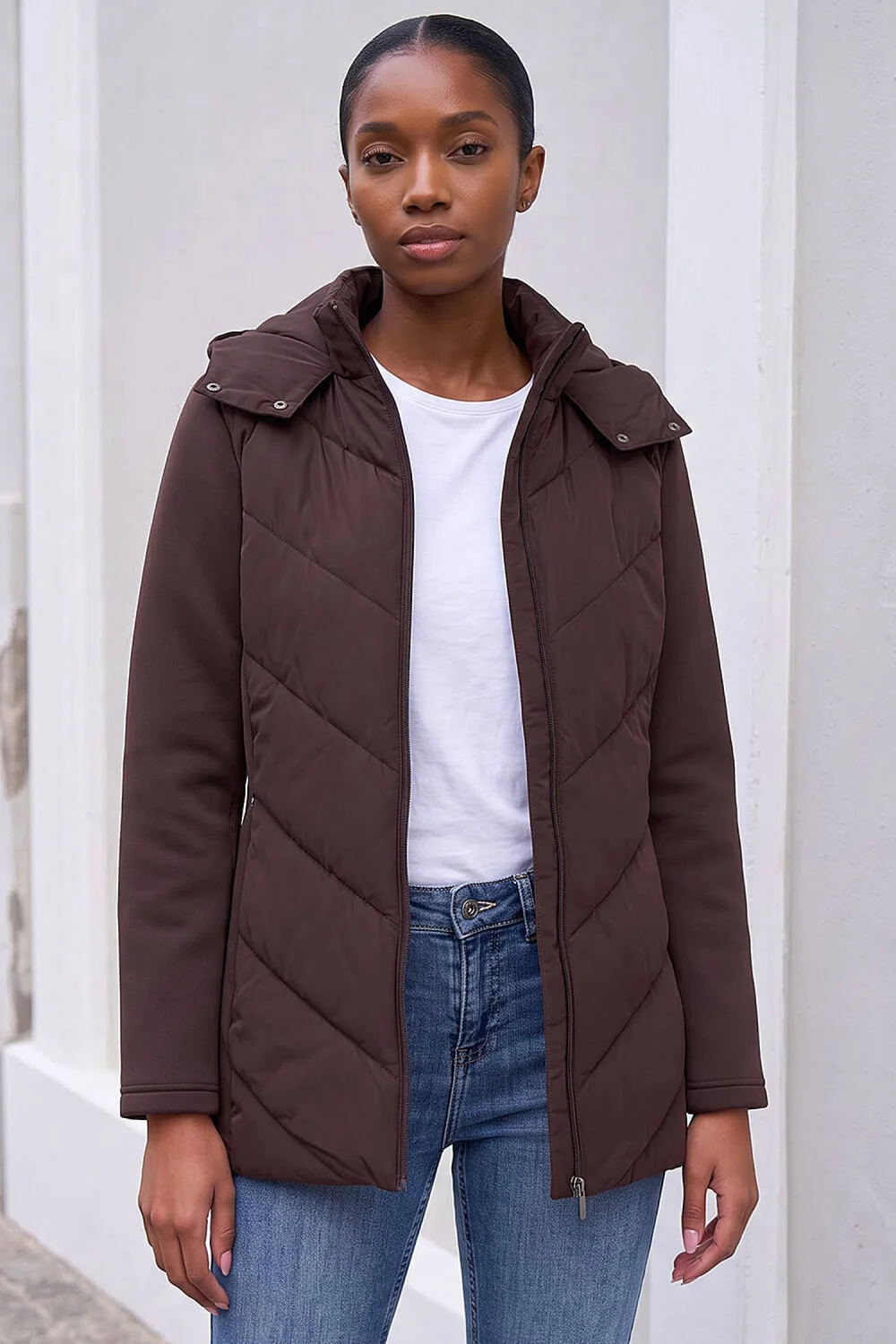 Roman Chocolate Petite Hooded Chevron Padded Coat - 10 Image 1