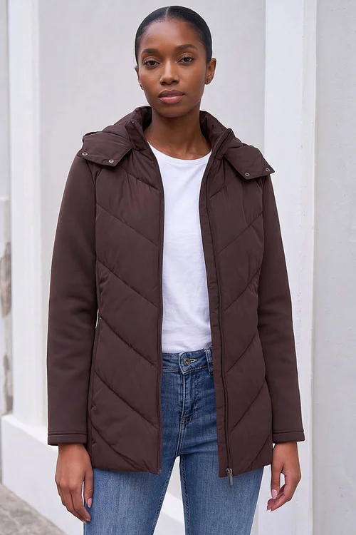Roman Chocolate Petite Hooded Chevron Padded Coat - 10 Image 1