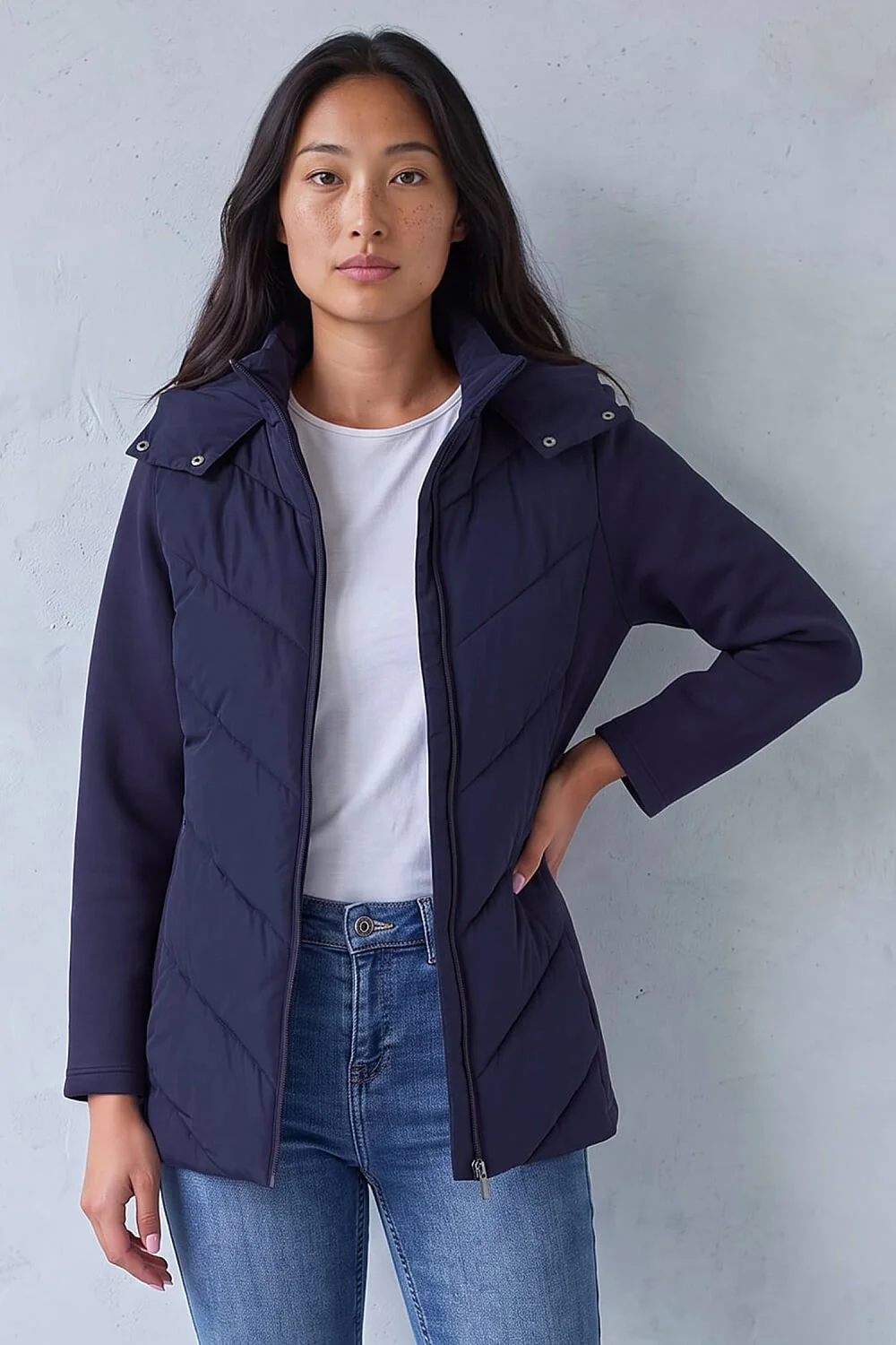 Roman Navy Petite Hooded Chevron Padded Coat - 12 Image 1