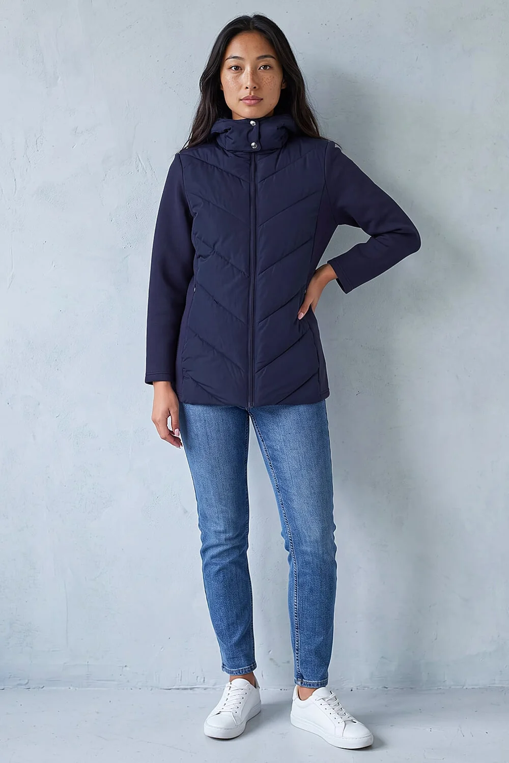 Roman Navy Petite Hooded Chevron Padded Coat - 12 Image 3