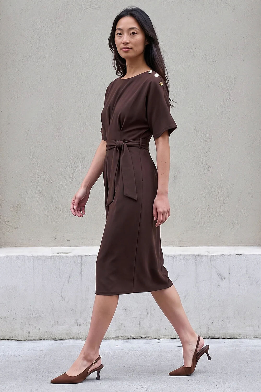 Roman Chocolate Petite Tie Waist Dress - 14 Image 2