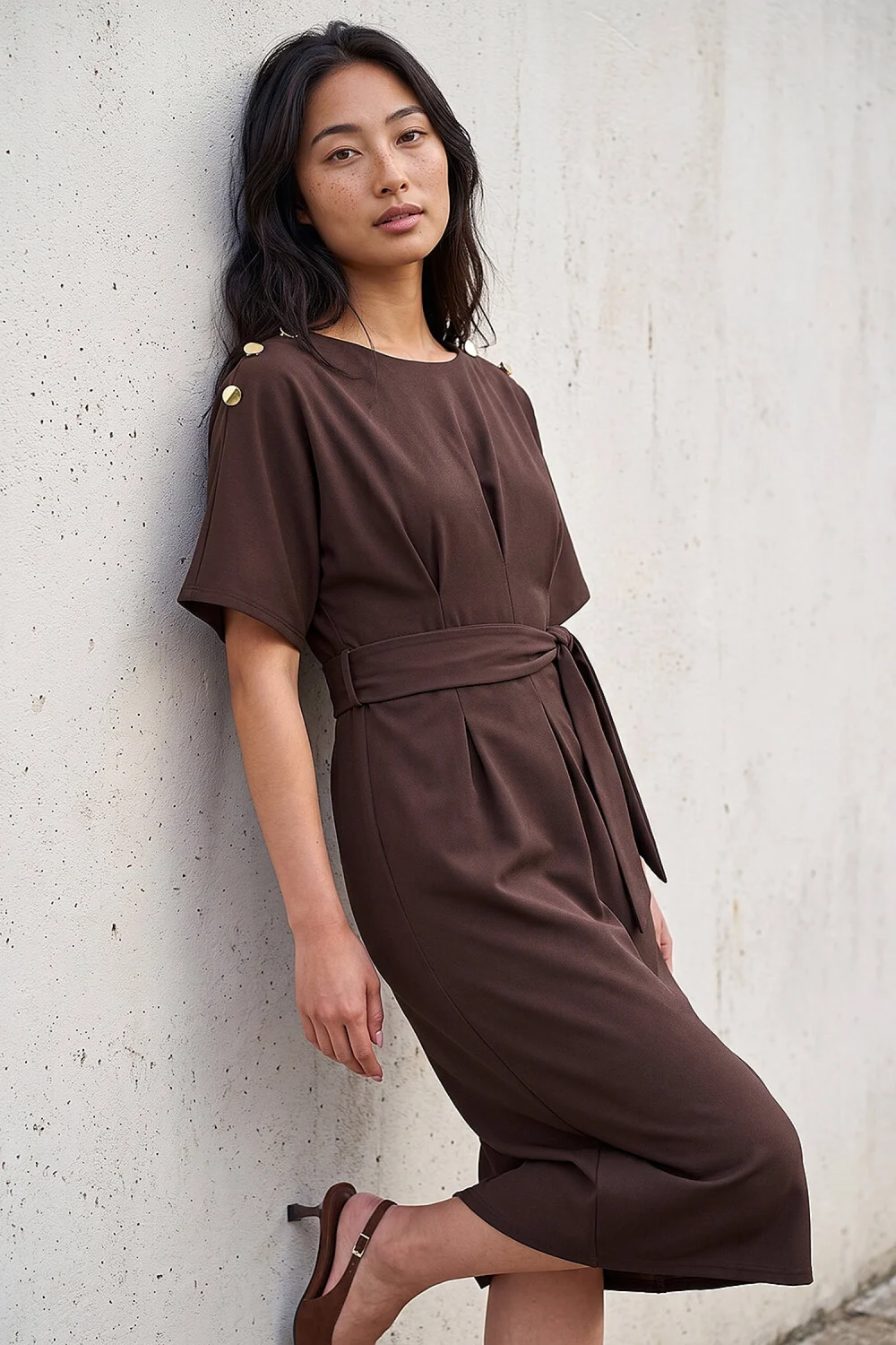 Roman Chocolate Petite Tie Waist Dress - 14 Image 1