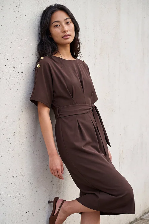 Roman Chocolate Petite Tie Waist Dress - 14 Image 1