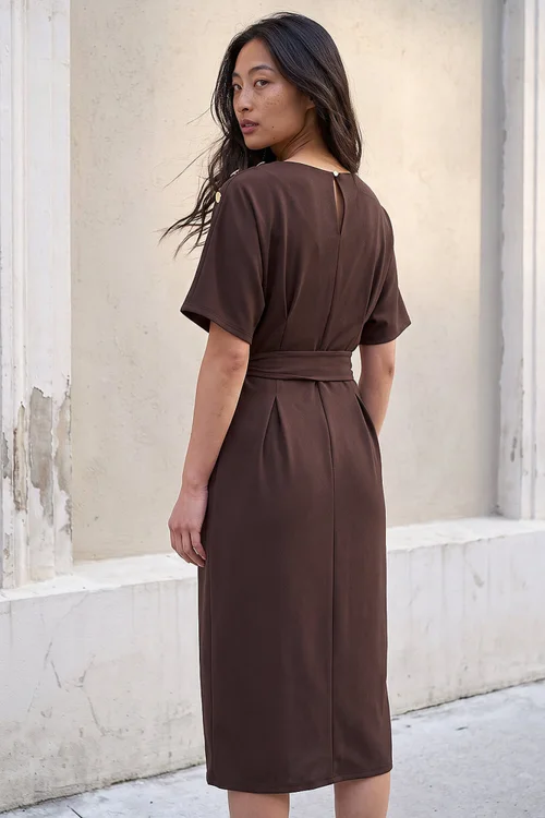 Roman Chocolate Petite Tie Waist Dress - 14 Image 3