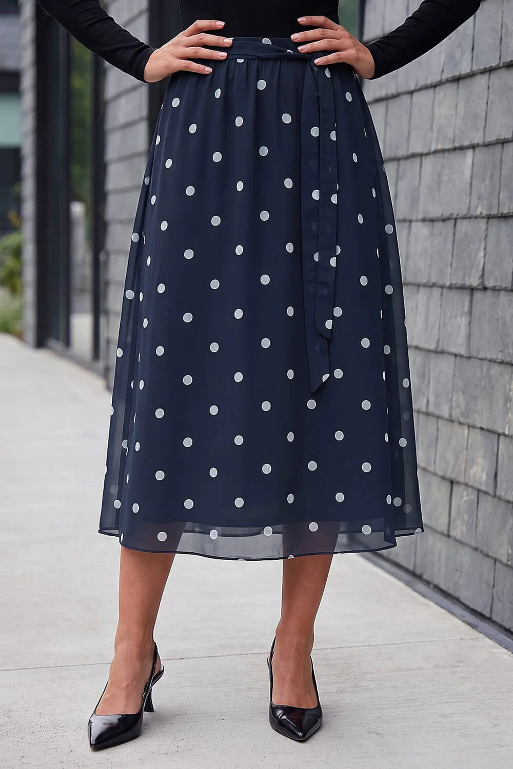 Roman Navy Polka Dot A-Line Belted Skirt - 14 Image 1