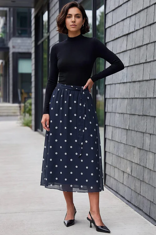 Roman Navy Polka Dot A-Line Belted Skirt - 14 Image 3