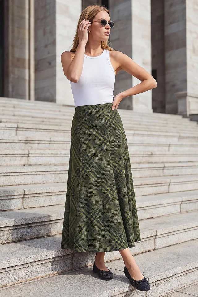 Roman Green Print Check Midi Skirt
