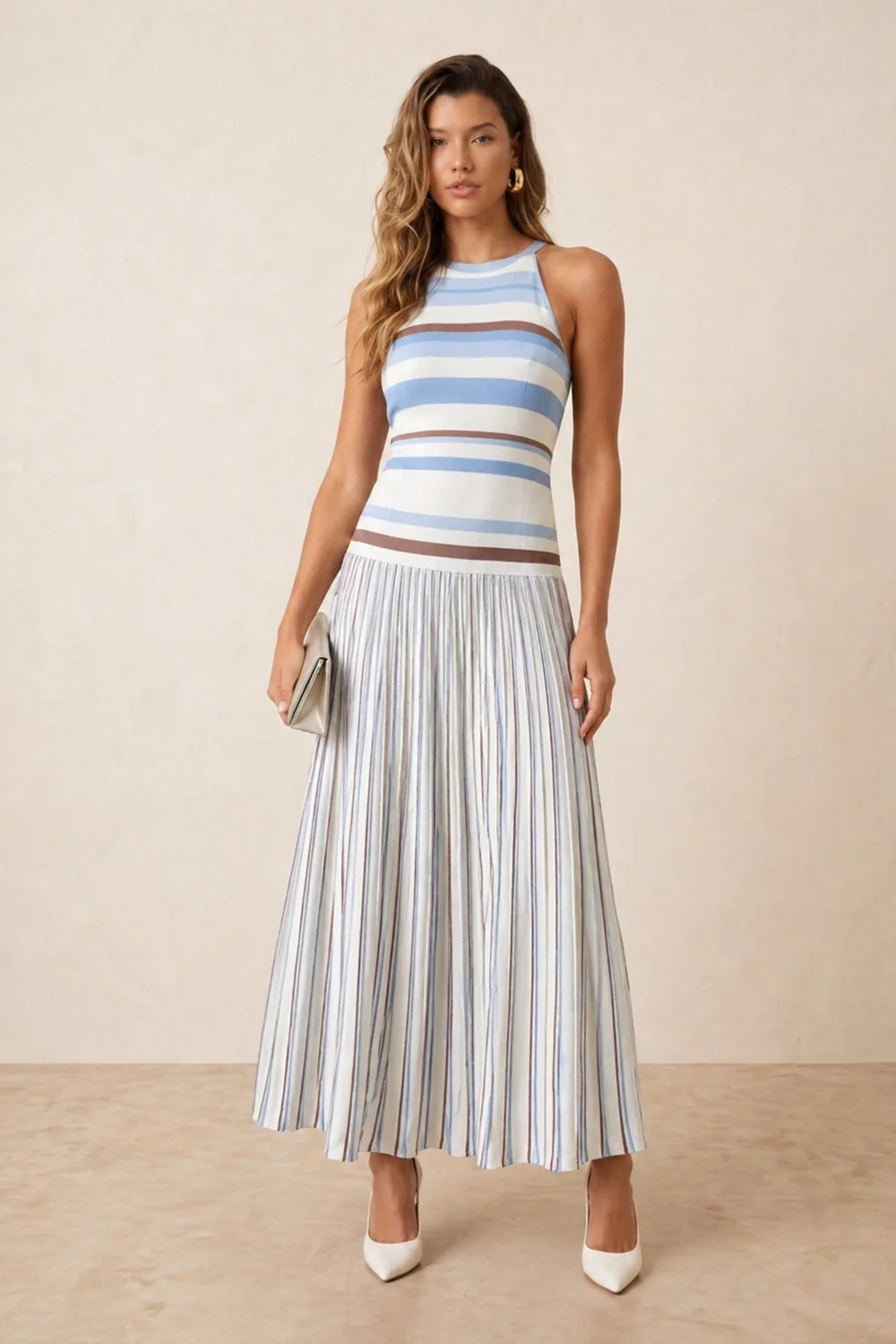 Style Cheat Brown & Blue Stripe Knitted Midi Dress - L Image 2