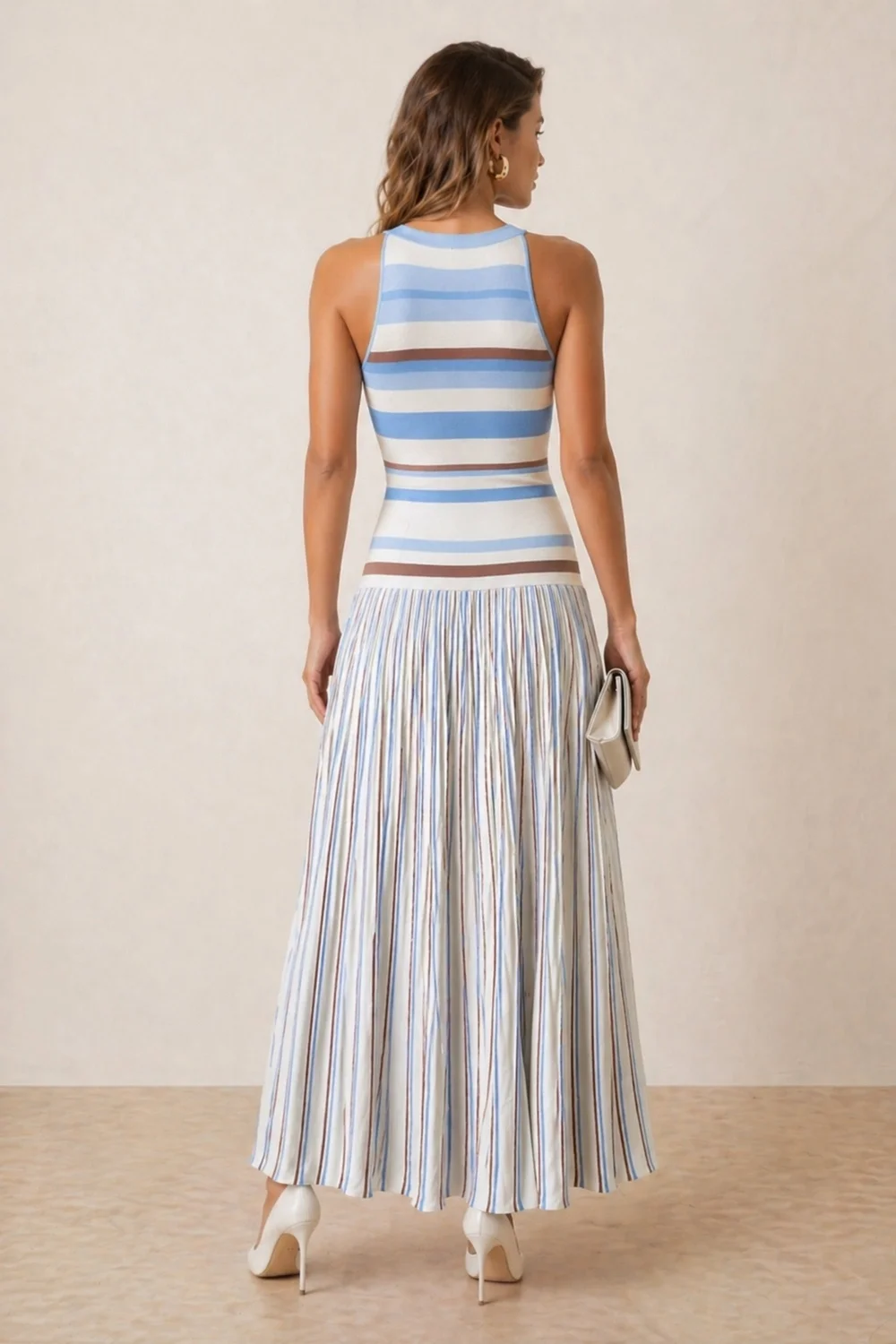 Style Cheat Brown & Blue Stripe Knitted Midi Dress - L Image 4