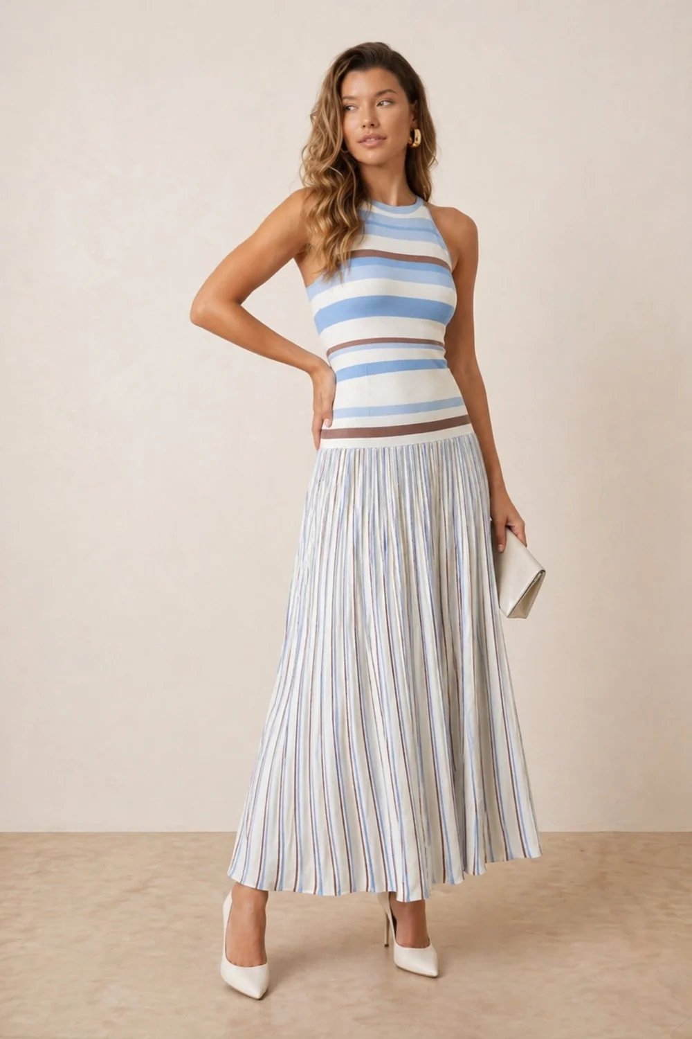 Style Cheat Brown & Blue Stripe Knitted Midi Dress - L Image 1