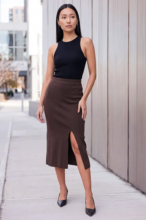 Roman Chocolate Side Split Knit Skirt - 14 Image 2