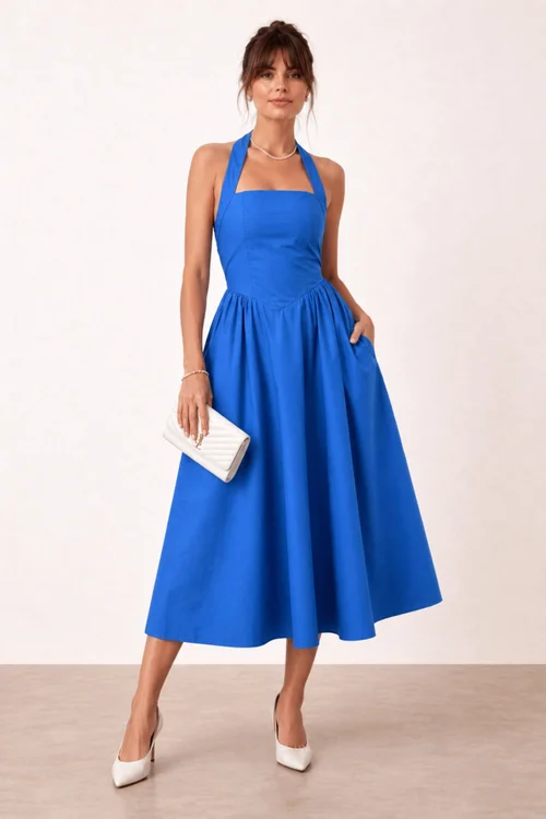 Style Cheat Blue Elsie Cotton Halter Midi Dress - 18 Image 1