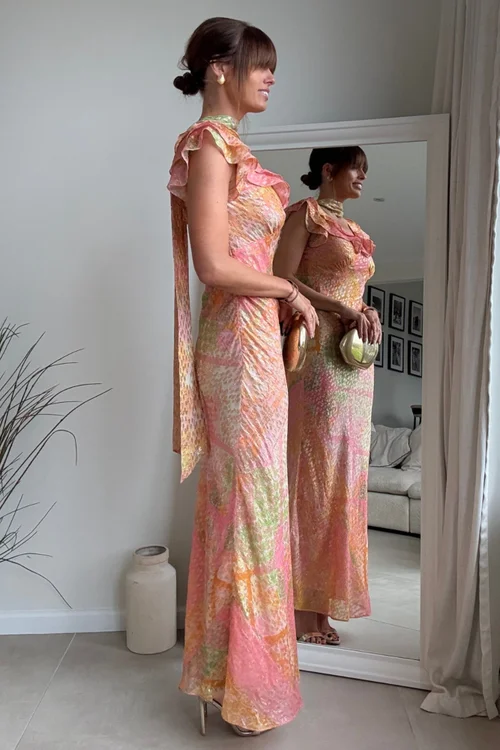 Style Cheat Coral Ruffle Lurex Maxi Dress - 14 Image 4