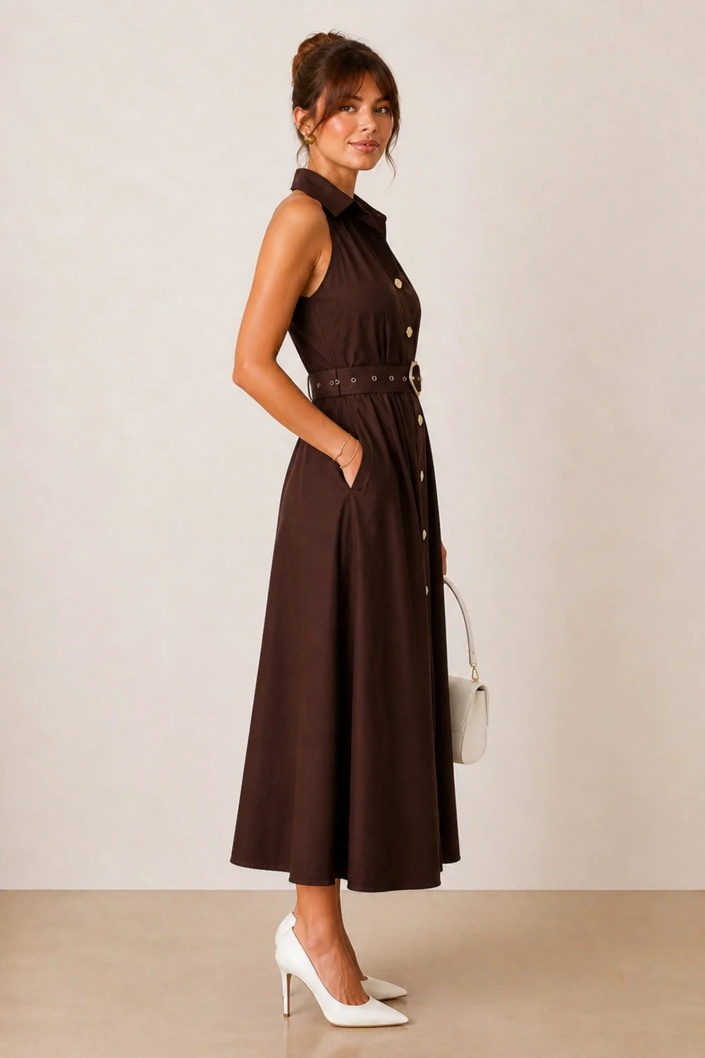 Style Cheat Brown Cotton Racer Shirt Dress - 16 Image 2