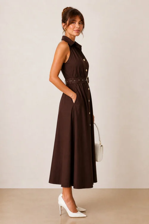 Style Cheat Brown Cotton Racer Shirt Dress - 16 Image 2