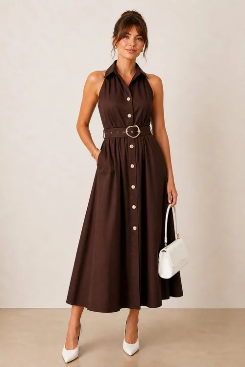 Style Cheat Brown Cotton Racer Shirt Dress - 16 Image 1