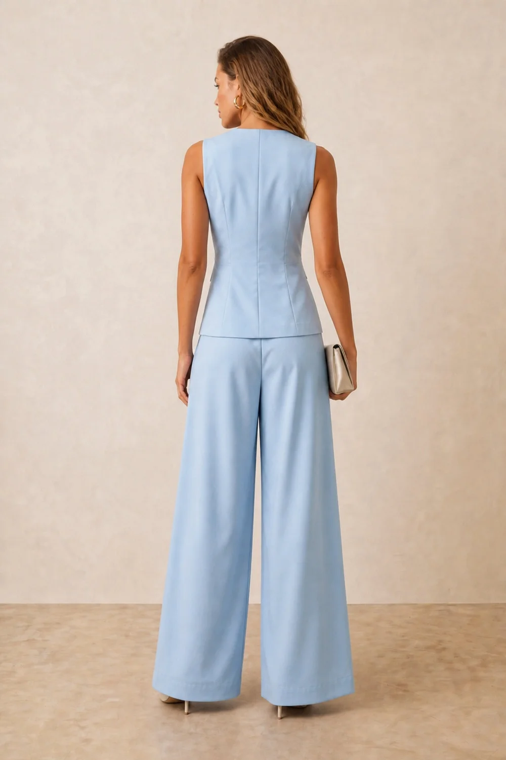 Style Cheat Pastel Blue Tailored V-Neck Waistcoat With Gold Button - 10 Image 5