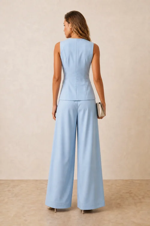 Style Cheat Pastel Blue Tailored V-Neck Waistcoat With Gold Button - 10 Image 5
