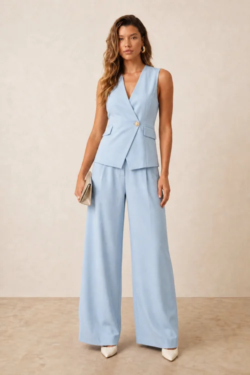 Style Cheat Pastel Blue Tailored V-Neck Waistcoat With Gold Button - 10 Image 2