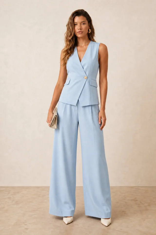 Style Cheat Pastel Blue Tailored V-Neck Waistcoat With Gold Button