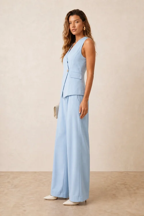 Style Cheat Pastel Blue Tailored V-Neck Waistcoat With Gold Button - 10 Image 4