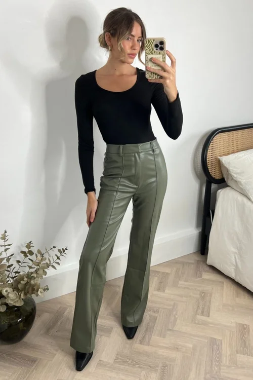 Style Cheat Khaki Alyssa PU Flare Trousers - 8 Image 1