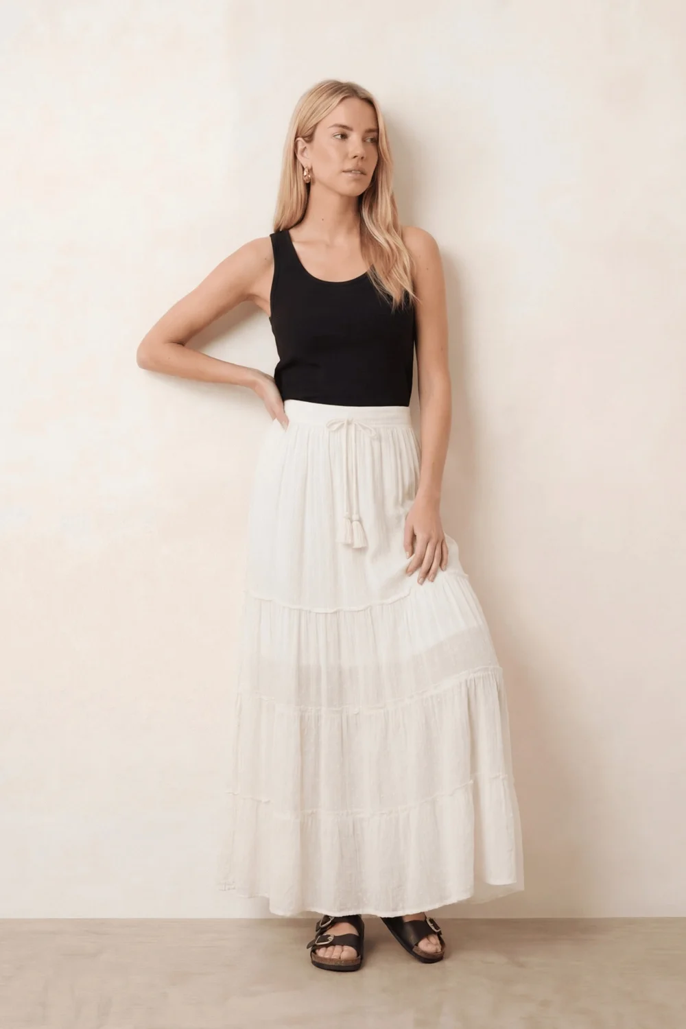 Style Cheat Cream Tie-Front Tiered Maxi Skirt - 12 Image 4