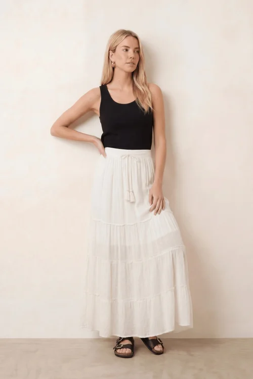 Style Cheat Cream Tie-Front Tiered Maxi Skirt - 12 Image 4