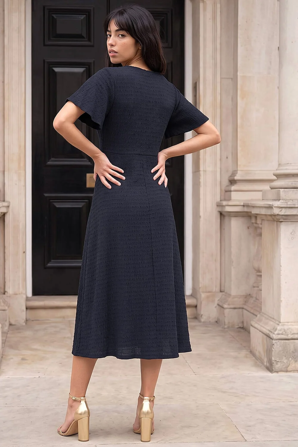 Roman Navy Petite V Neck Dress - 12 Image 3