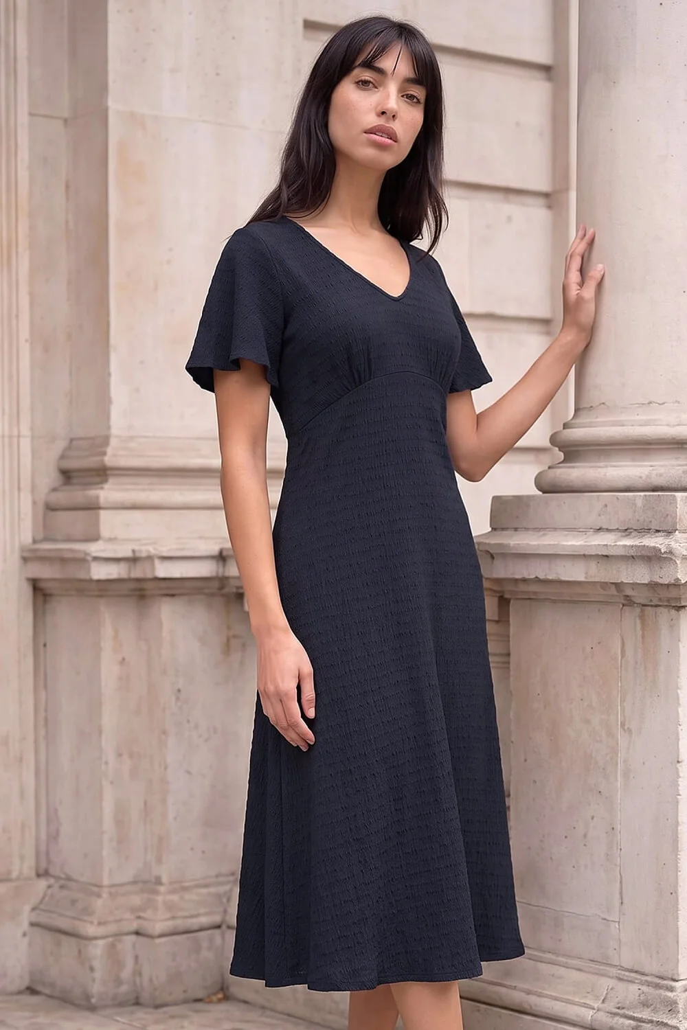 Roman Navy Petite V Neck Dress - 12 Image 1