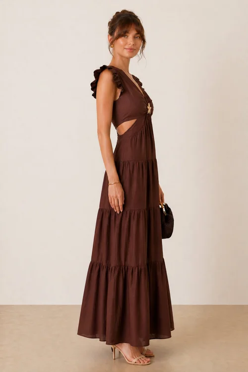 Style Cheat Brown Indie Cut-Out Frill Maxi Dress - 6 Image 3