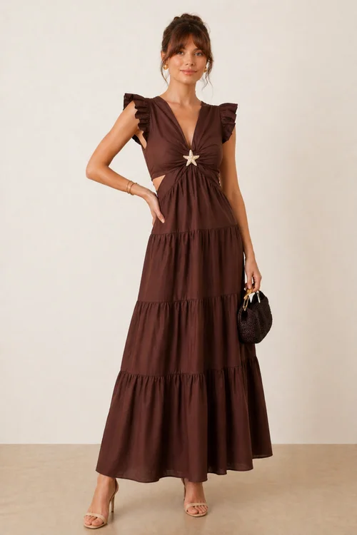 Style Cheat Brown Indie Cut-Out Frill Maxi Dress - 6 Image 1