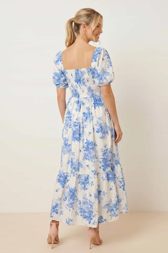 Style Cheat Blue Floral Leighton Puff Sleeve Midi Dress