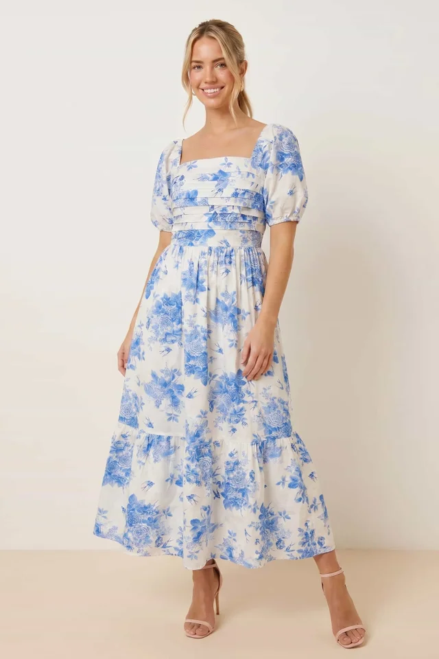 Style Cheat Blue Floral Leighton Puff Sleeve Midi Dress