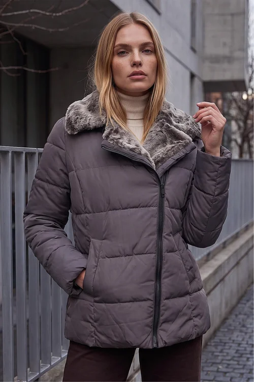 Roman Mink Faux Fur Collar Padded Biker Coat - 18 Image 3