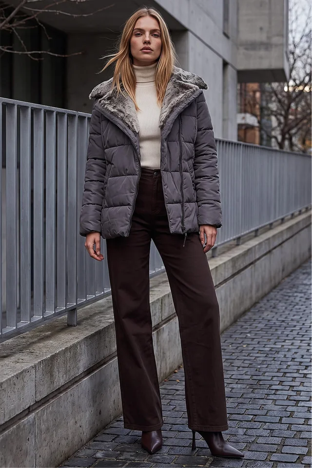 Roman Mink Faux Fur Collar Padded Biker Coat