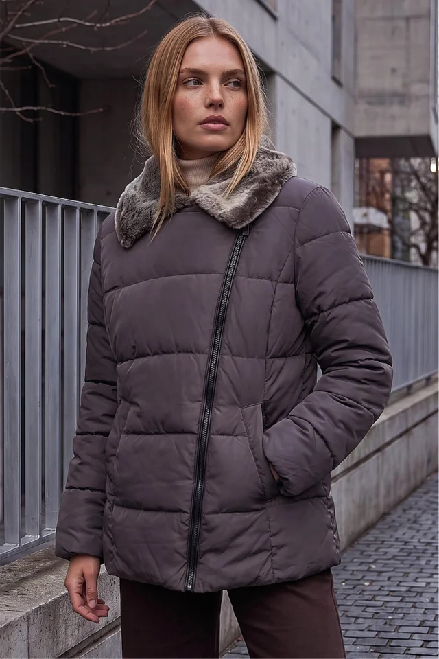 Roman Mink Faux Fur Collar Padded Biker Coat