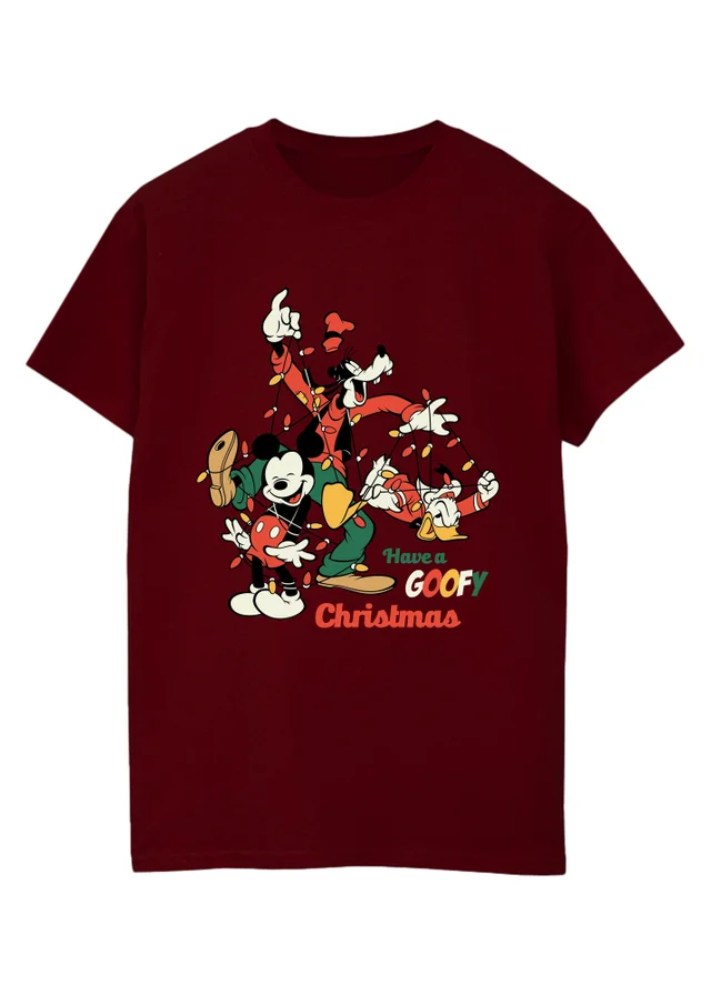 Spiral Galaxy Disney Mickey Mouse Goofy Christmas Burgundy Graphic T-Shirt